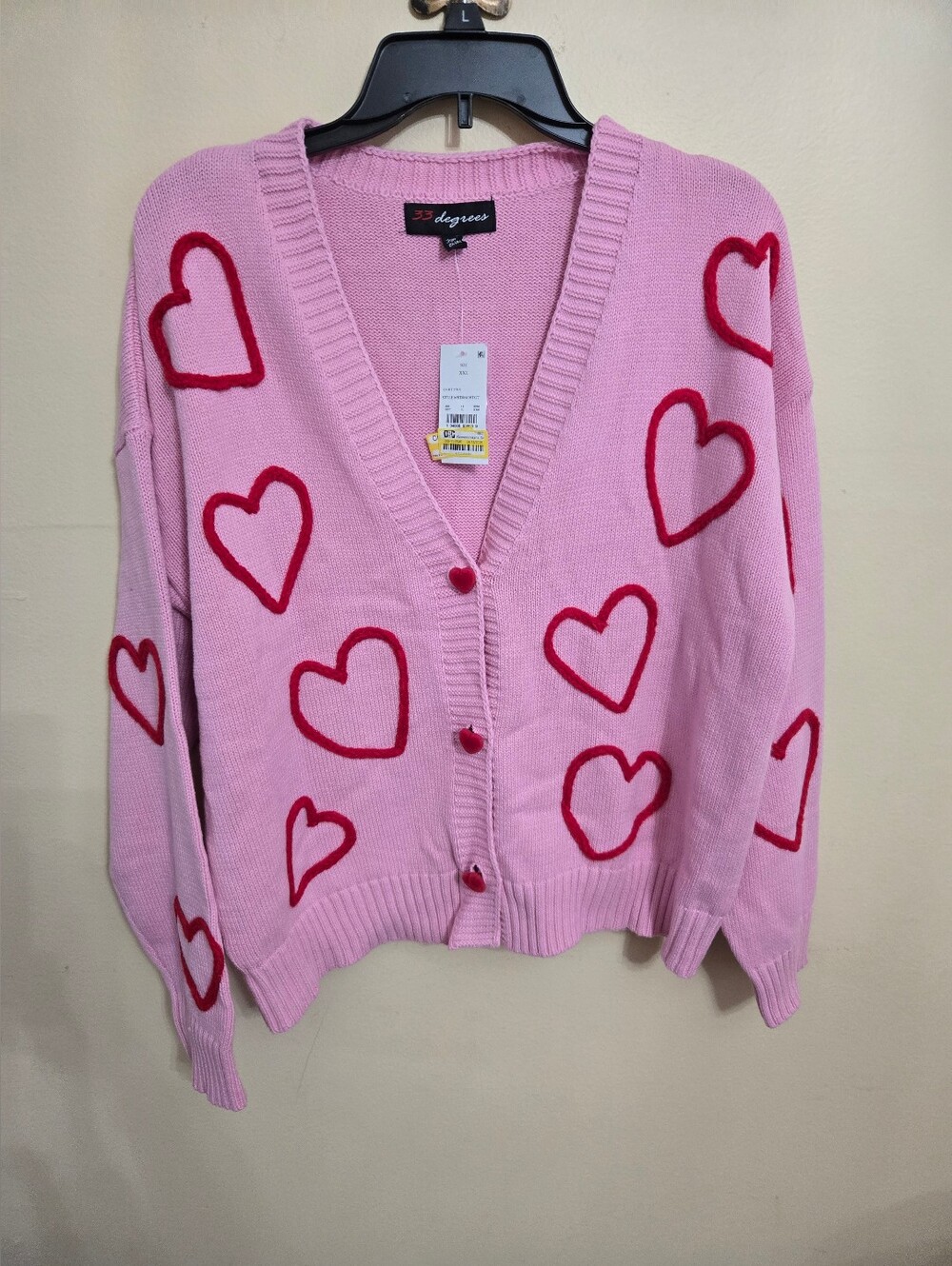 33 Degrees Pink Cardigan with Red Heart Motif